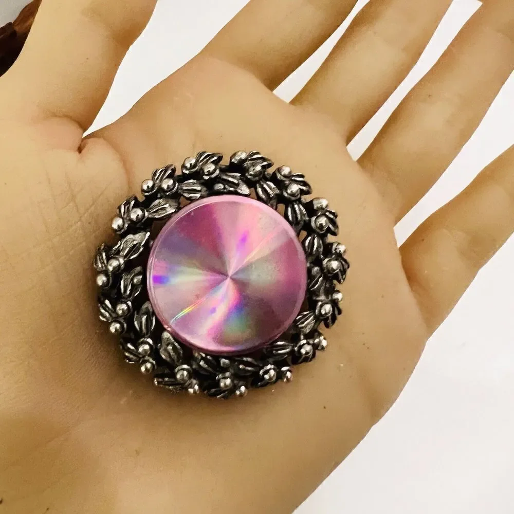 Jewelarama Brooch Prism Round Pinkish Reflective Dark Silver Tone 4156